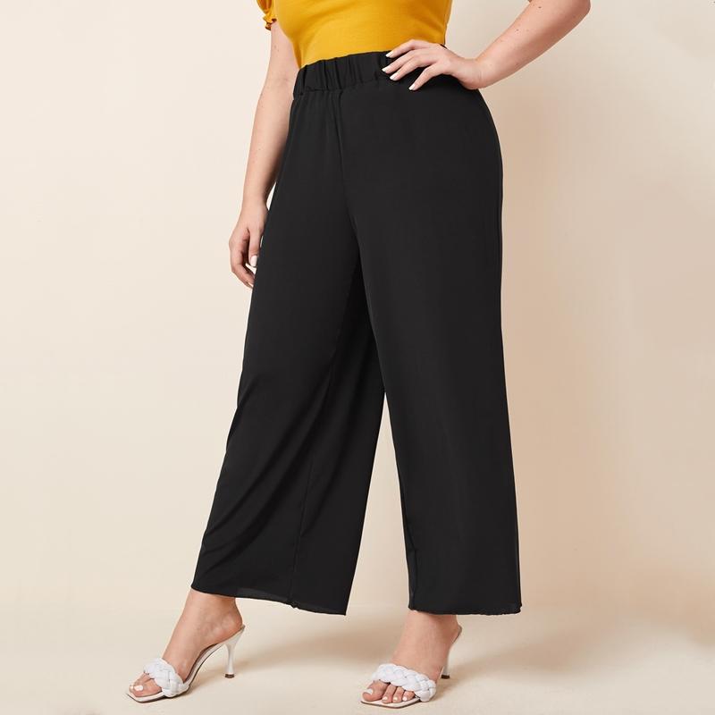 

Women's Plus Size Pants Elastic Waist Summer Elegant Wide Leg Solid Black Lettuce Trim Loose Casual Straight Trousers Bottoms 6XLWomen's
