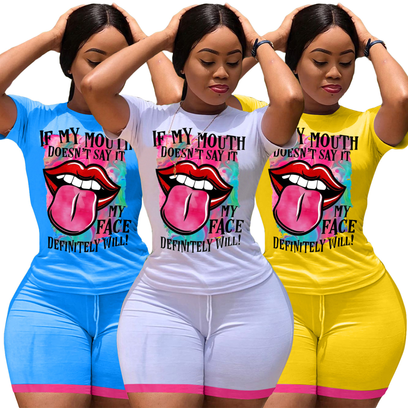 

Womens 2 Piece Sports Outfits Tracksuits Sexy Lip Printed T Shirt Shorts Jogger Short Sleeve Pullover Crew Neck Bikers Sets, Yellow
