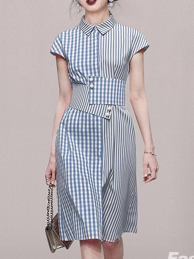 

Casual Dresses 2022 Fashion Femme Checked Plaid Sundress Female Lapel Collar Party Vestido Patchwork Robe Shirt Dress With BeltCasual, Blue