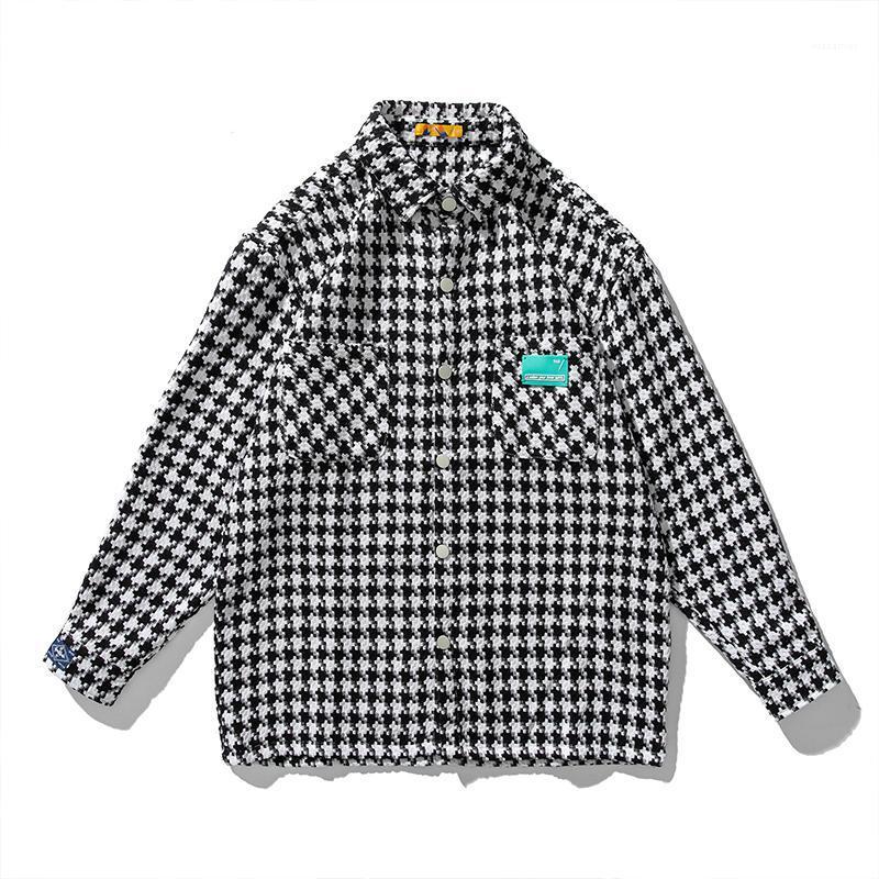 

Techwear Houndstooth Frayed Tweed Jacket Coat Men Plaid Shirts Vintage Loose Long Sleeve Pockets Male Outerwear Chic Casual Tops Men's