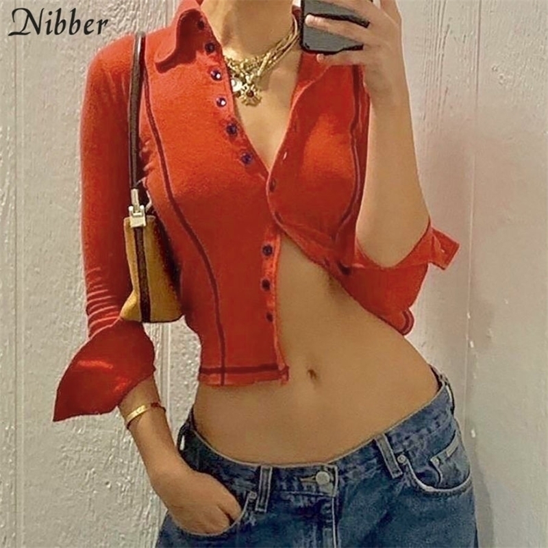 

NIBBER long sleeve lapel crop tops women sexy bodycon shirt slim party college style spring autumn trend Solid color Y200412, Red