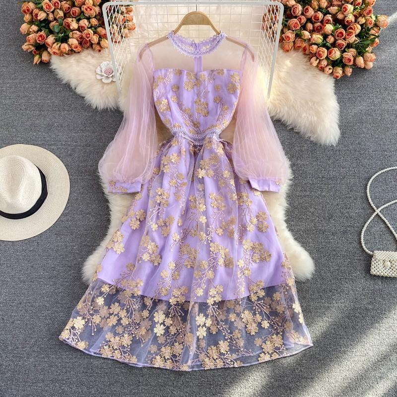 

Casual Dresses Uulutonica Autumn Women Elegant Fashion A-line Print Full Gauze Mid-calf Lantern Sleeve Empire O-neck Dress, Lavender