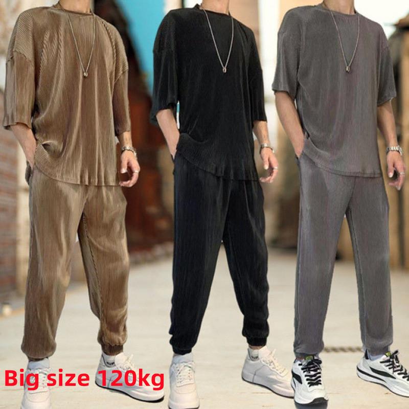 Men's Tracksuits Men Fashionable Outfit Sets Elastic Silky Casual High Quality Straight Short-sleeved Pleated Sports Pants Summer ClothingMe