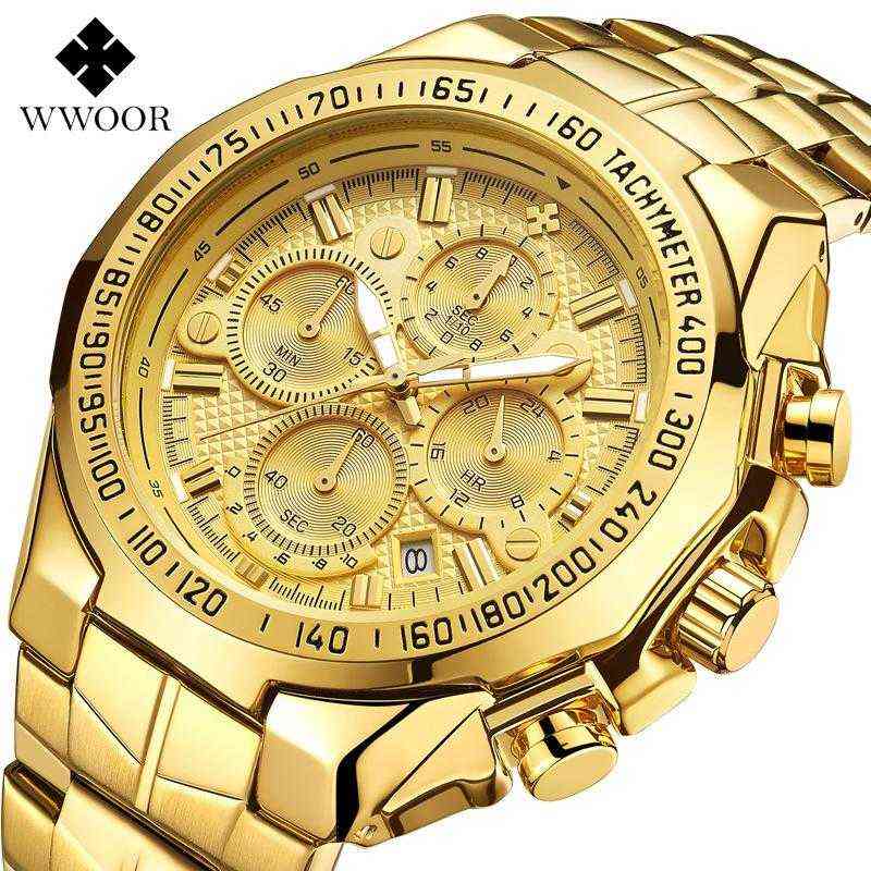 

7A+2020 WWOOR High Quality Seven Needle Man Motion Section Steel Bring Quartz Waterproof Wrist Watch Chronograph Watches Wholesales Watches, Black