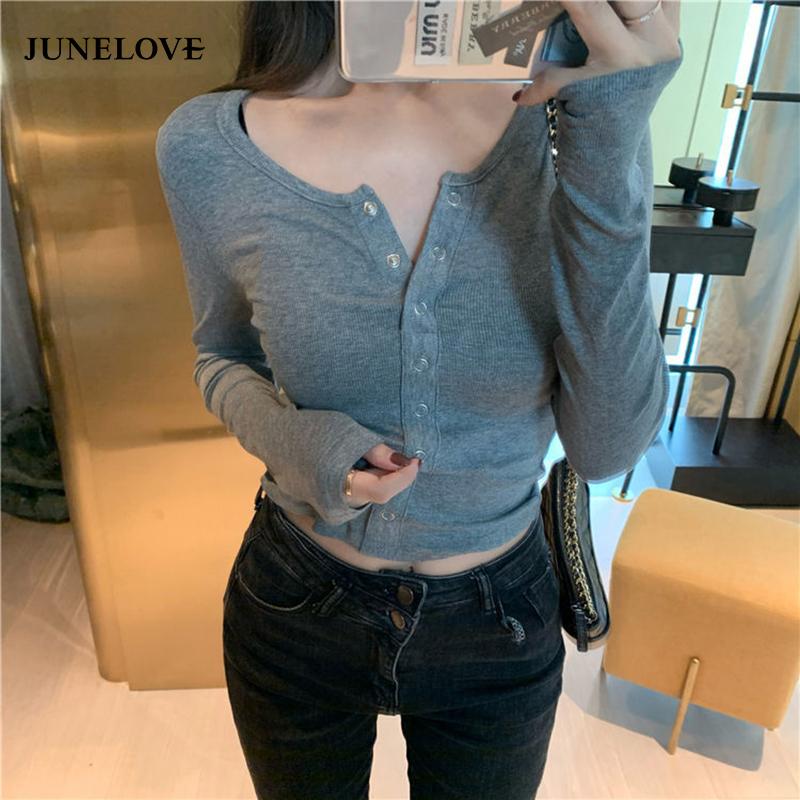 

Women's T-Shirt JuneRain Spring Women Knitted Cardigan Sexy Solid Cotton Rib-Knit Crop Trendy Casual Long Sleeve T Shirt TopsWomen's, Black