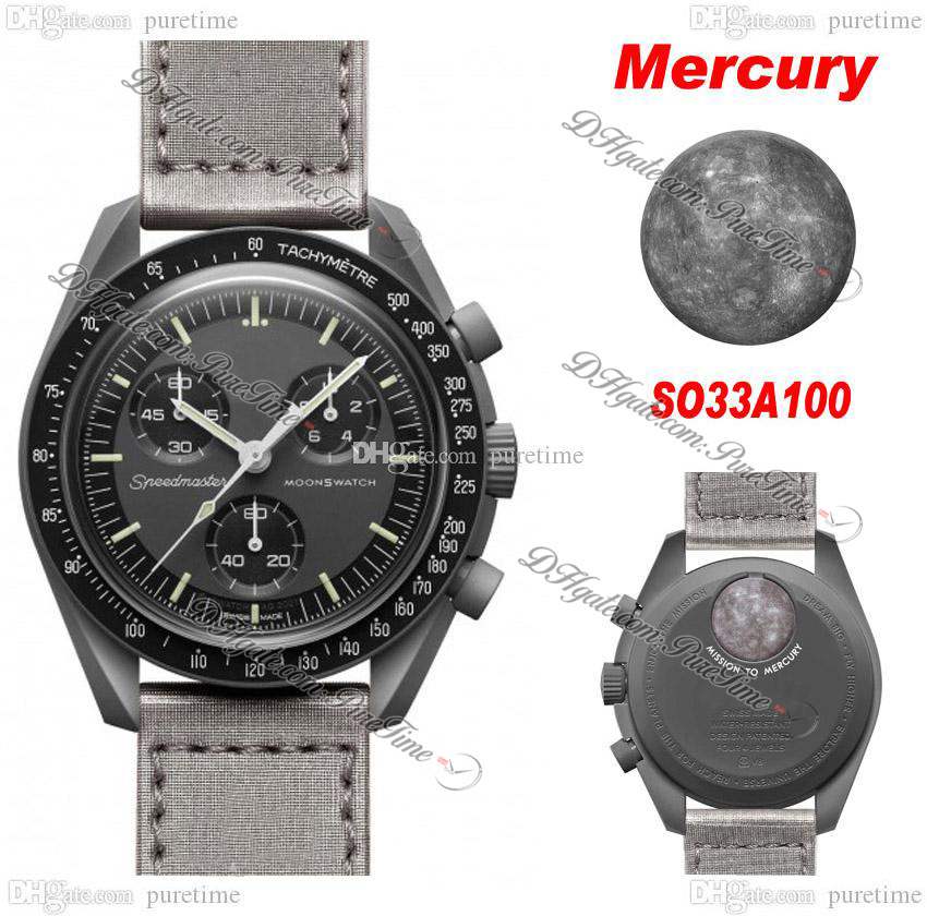 

Bioceramic Moonswatch Swiss Quqrtz Chronograph Mens Watch SO33A100 Mission To Mercury 42mm Real Black Ceramic Metallic Grey Nylon With Box Super Edition Puretime, So33g100