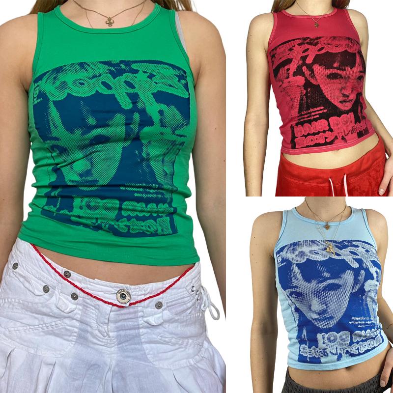 

Women' Tanks & Camis Female Portrait Print Camisole Summer Round Neck Sleeveless Tops High Street Vest For Women /M/L, Blue