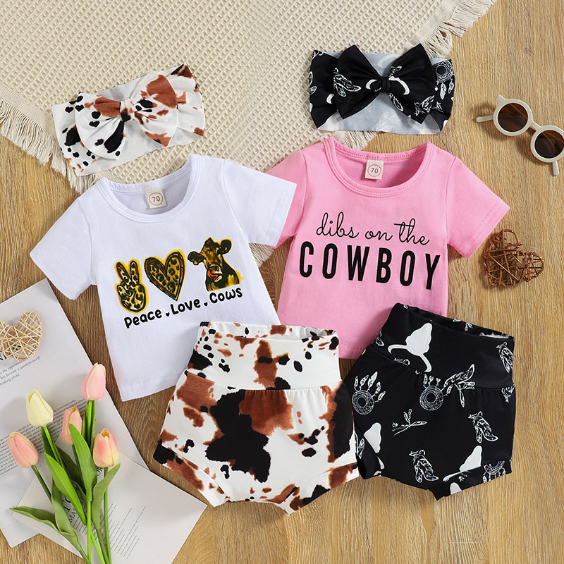 

kids Clothing Sets Girls boys outfits infant letter print Tops+cows shorts+bow Headband 3pcs/set summer fashion Boutique baby clothes Z6413, Randomly send