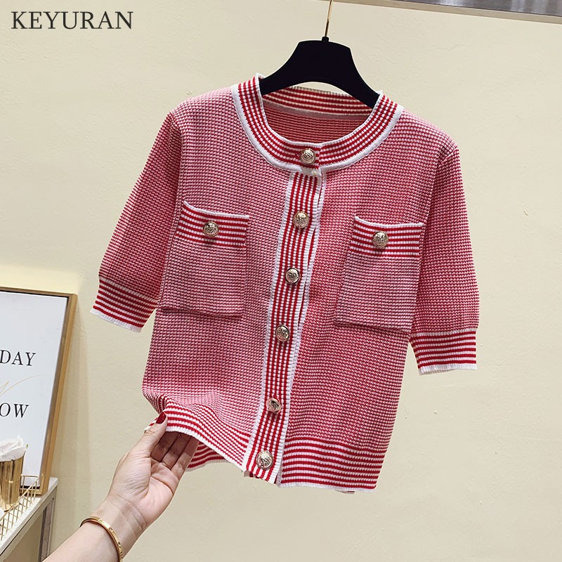 

Summer Knitted Cardigan Sweater Women Korean Short Sleeve O-neck Single Breasted Pockets Ladies Vintage Loose Thin Knit Crop Top, Pink