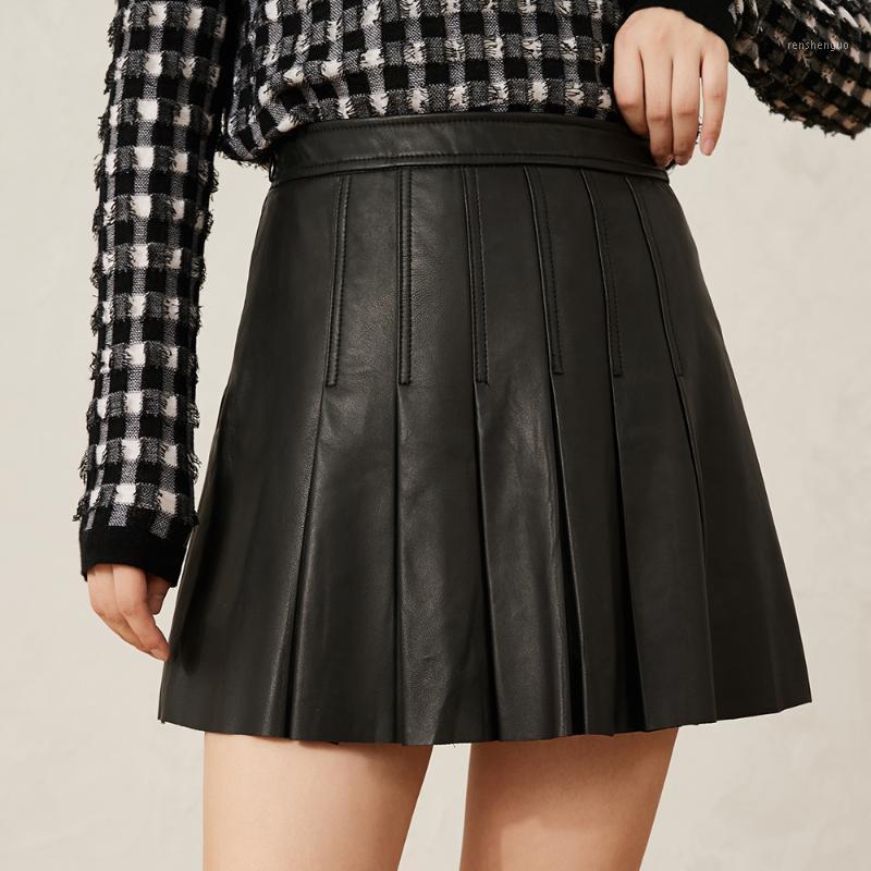 

Skirts Genuine 2022 Fashion Style Real Sheep Skin Leather Mini Pleated Skirt, Black