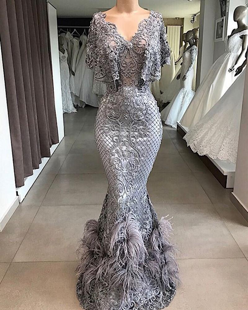 

Party Dresses Mermaid Evening Dress Long Short Sleeves Sexy Embroidery Lace Gown Grey Prom Formal Vestido De FestaParty, Beige