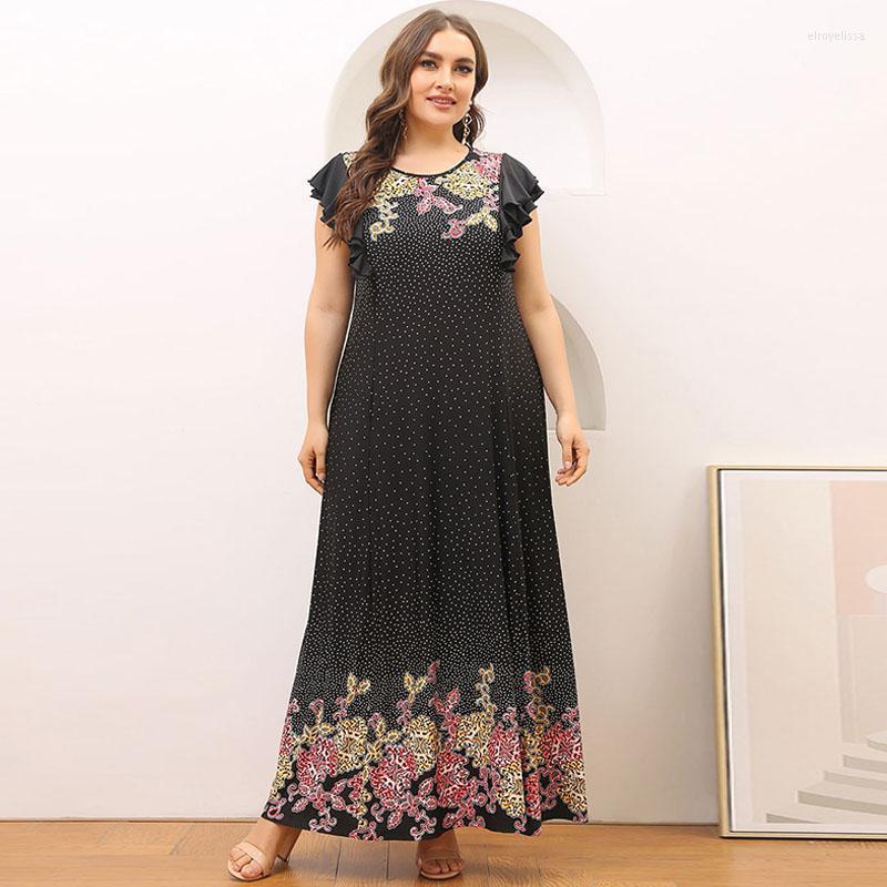 

Plus Size Dresses Summer Dress 4XL 5XL Women Ruffles Short Sleeve Dot Floral Print Casual Loose Oversized Maxi Long DressesPlus Elro22, Black