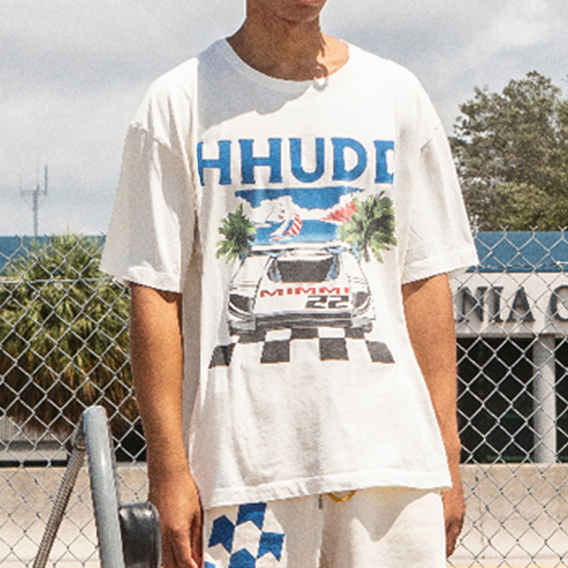

RHUHU racing Checkered printed Tee letter Short-sleeved T-shirt Fashion Man Women BEIGE T-shirt FZTX919