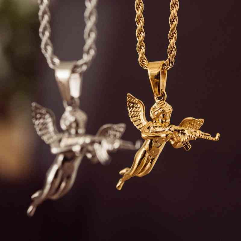 

hiphops Men Jewelry Cupids Revenge Angel Pendant 18k Gold Rope Chain 316L Stainls Steel 3D Angel with Gun Necklace A22