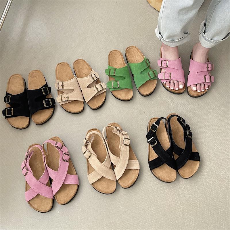 

Sandals Summer Women's Cork Two Buckle Flats Women Pink Green Fashion Outdoor Slippers SlidesSandals, 228-1 black