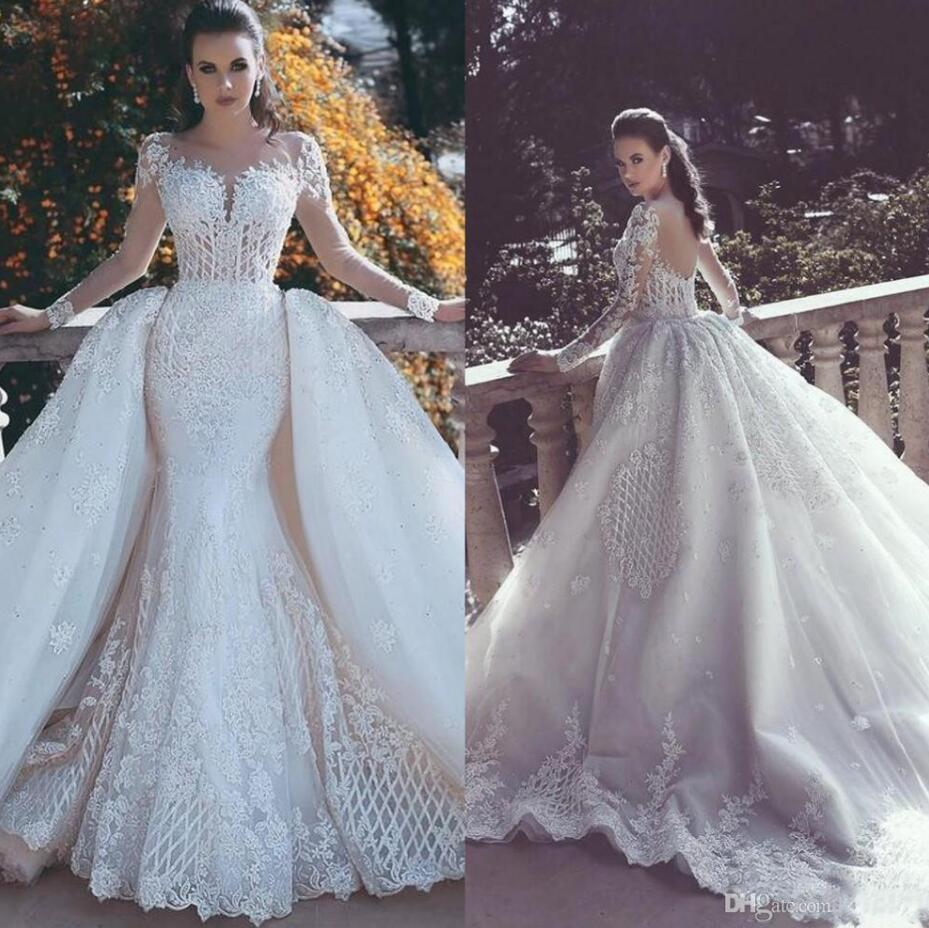 

2022 New Mermaid Lace Wedding Dresses With Detachable Train Sheer Neck Long Sleeves Beaded Overskirt Dubai Arabic Bridal Gowns VOG343, White