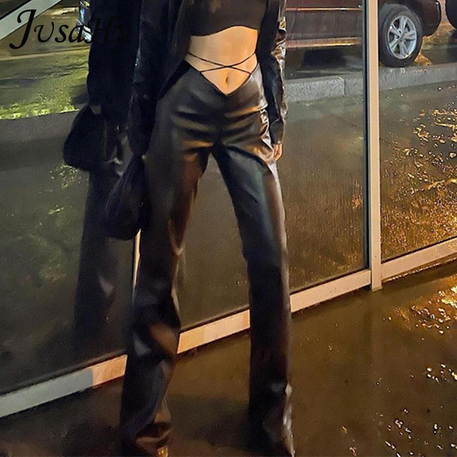 

Y2k Black Faux Pu Flare Pants For Women Fashion High Waist Drawstring Slim Leather Trousers Autumn Bottoms