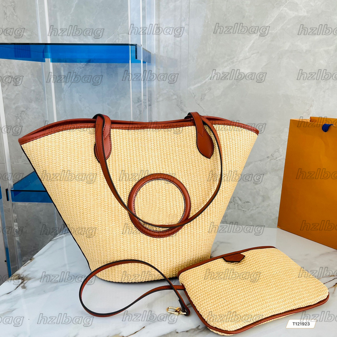 

Plain Leather Logo Straw Shoulder Bag Synthetic Knitted Raffia Beach Handbag With Pouch 2pc Summer Clutch Wallet Shopping Ba, 03