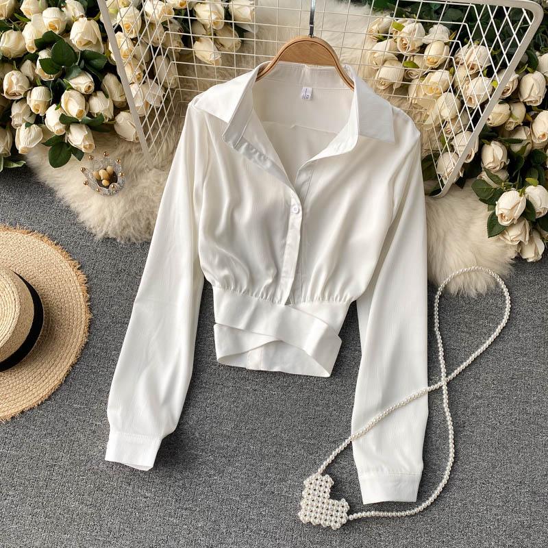 

Women's Blouses & Shirts Spring Women Short Design Strap Wrap Elastic Waist Chiffon Blouse Chic Silky Shirt Top TN278, Black