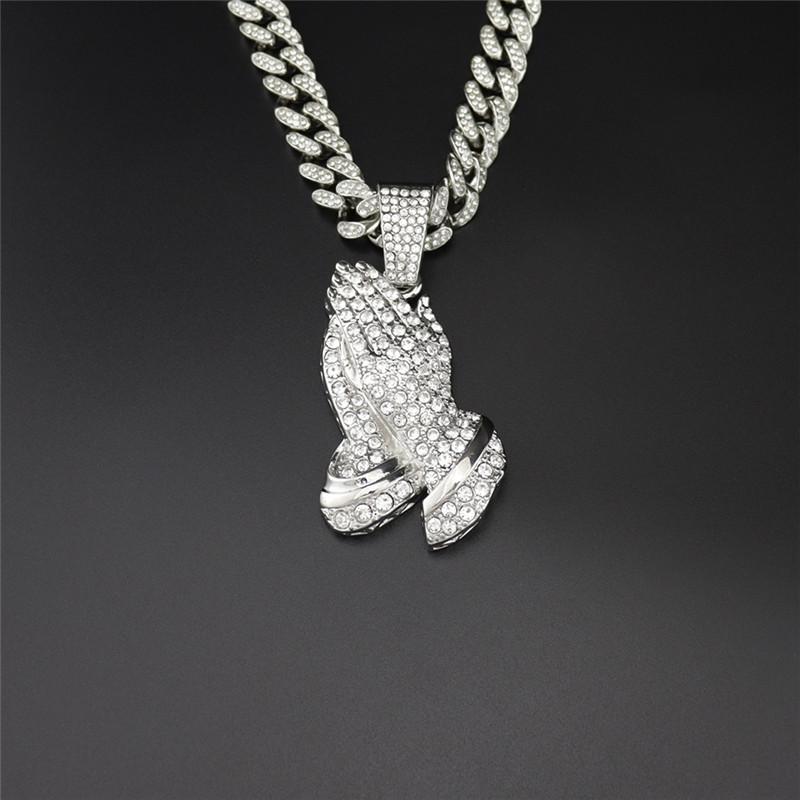 

Pendant Necklaces Iced Out Cubic Zircon Praying Hands With Big Miami Cuban Chain For Men Women Hip Hop Christian JewelryPendant