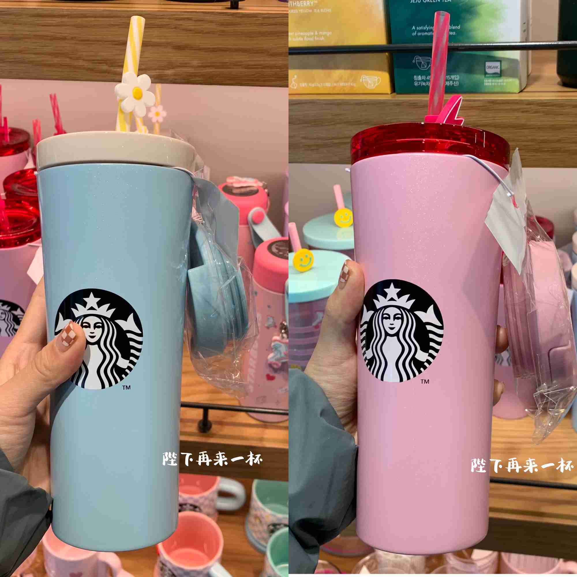 South Korea Starbucks cup 2022 Pink Blue pearlescent double cover stainless steel straw cup thermos cup 473ml-image-760998979