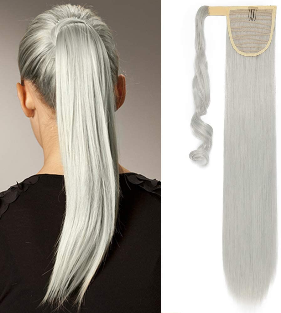 

Ponytail Extension Real Human Hair 14" Silky Straight Highlights with Silver Grey Remy Virgin Hairs Ponytails Clip in One Piece 120G/Set