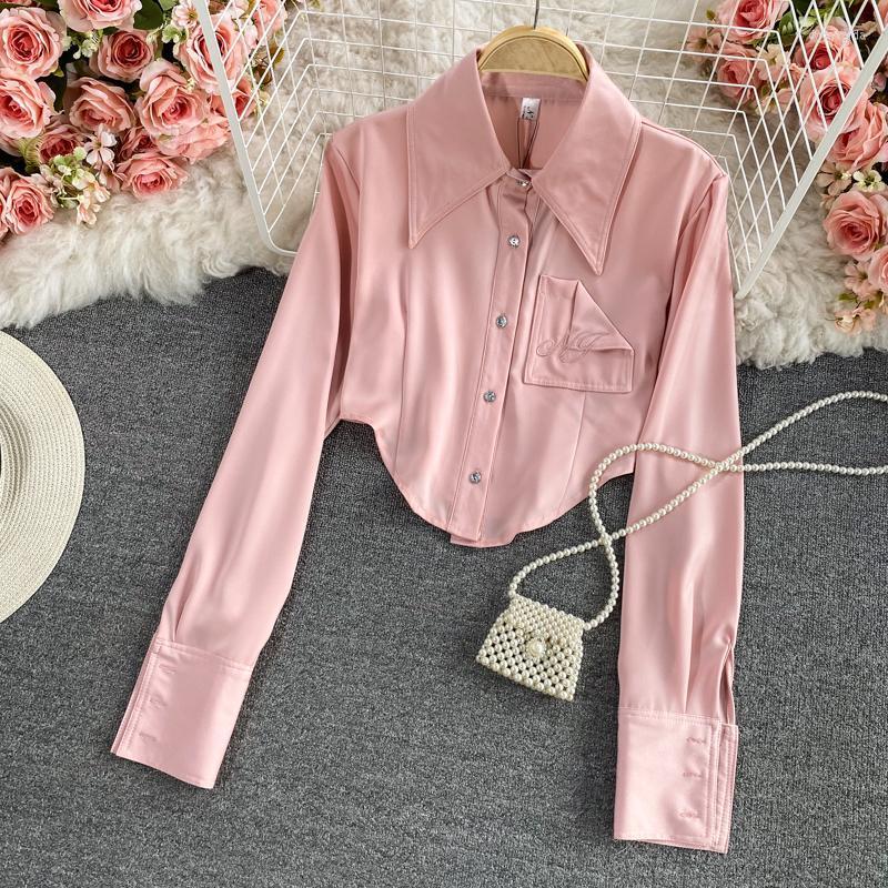 

Women's Blouses & Shirts Pink Embroidery Vintage Women Shirt Long Sleeve Turn Down Collar Single Breasted Sexy Cropped Tops 2022 Autumn Slim