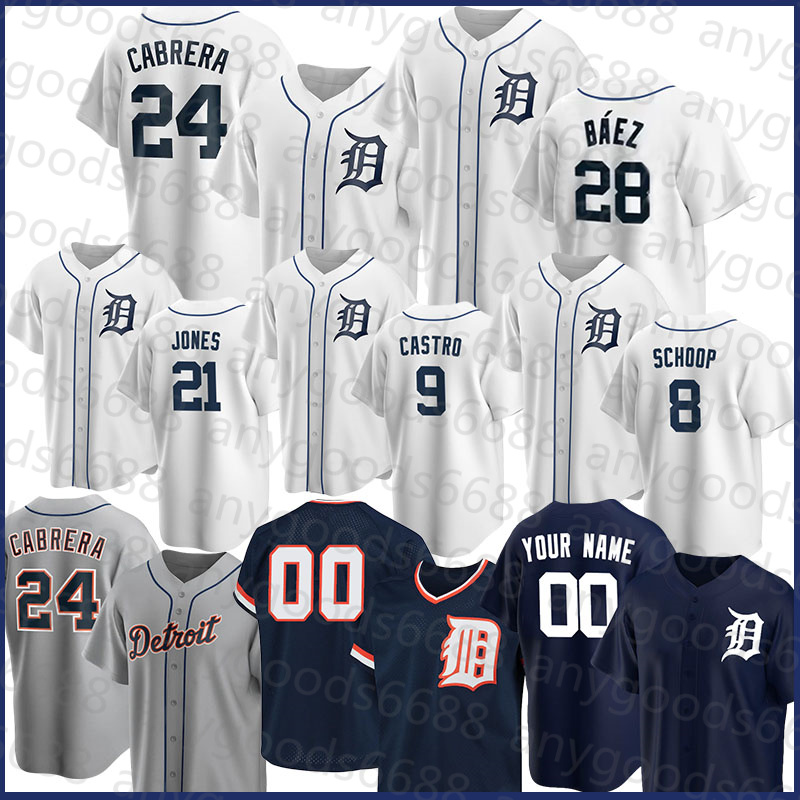 

Detroit 2022 New Tigers Baseball Jersey 28 Javier Baez 24 Miguel Cabrera 23 Kirk Gibson 15 Tucker Barnhart 21 Jacoby Jones 64 Dustin Garneau 34 Jake Rogers 7 Schoop, Mens(laohu