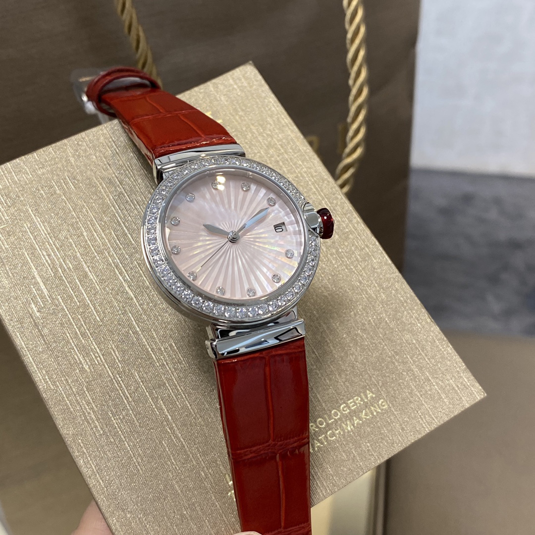 

Designer watches Pearl Shell Dial Ruby Diamond Crown Size 33mm Calfskin Belt Imported Quartz Movement Sapphire Glass with box, Style 2#