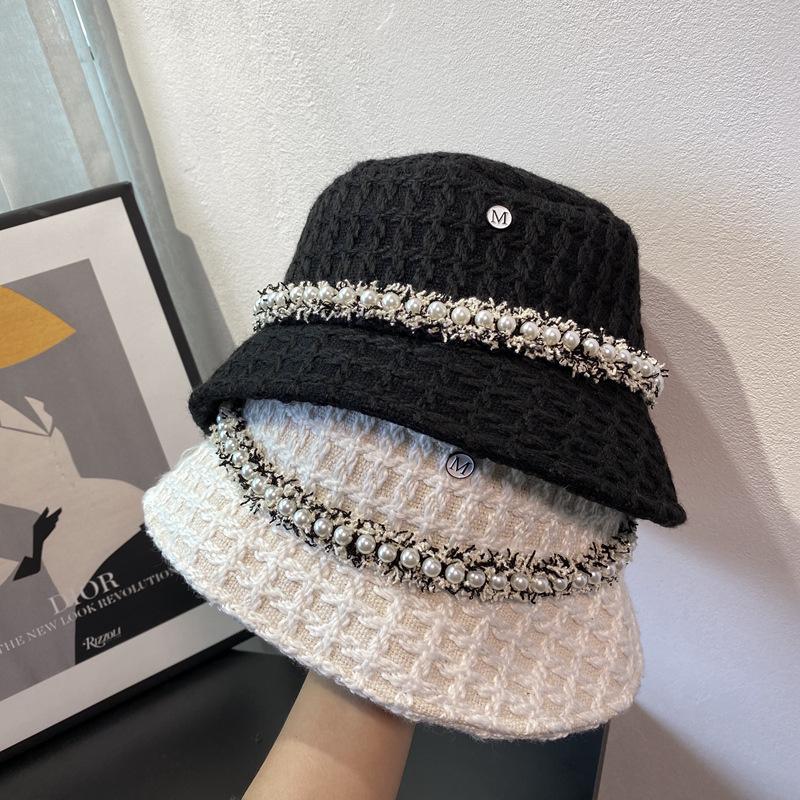 

Wide Brim Hats Vintage Tweed Pearl Chain Fisherman Hat For Female Autumn Winter Black Beige British Style Elegant Basin Outdoor Sunscreen, White
