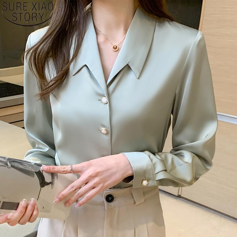 

Women' Blouses & Shirts Korean Silk Satin Women White Green Blouse Tops Long Sleeve Shirt Elegant Casaul Office Lady 17792Women