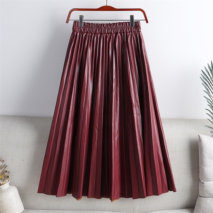 

Autumn Winter Women Midi-Calf PU Leather Elastic Waist Pleated Skirts Office Ladies High A-Line Harajuku Skirt DS288 220322, Black