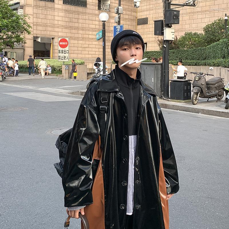 

Men's Trench Coats Oversize Patchwork Color Soft Faux Leather Windbreaker Korean Harajuku Fashion Long Male Autumn Clothing Viol22, Gray