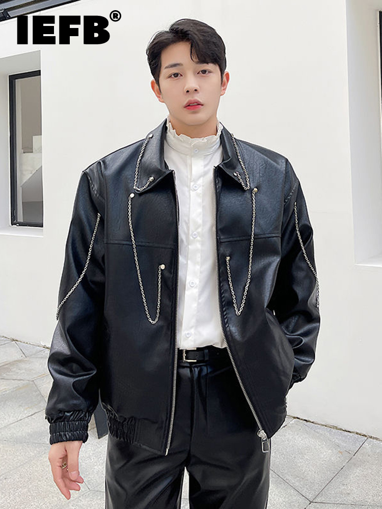 

IEFB Chain Decorated Biker Clothes Men's Casual PU Leather Jacket High Street Zipper Lapel Oversized Coat Autumn 9A1232 220816, Black