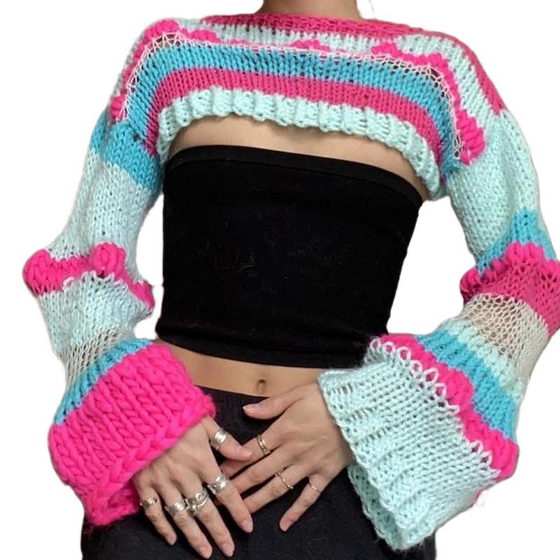 

Women' Sweaters Women Fashion Knitted Sweater Crop Tops Spring Autumn 2022 Y2k Clothes Stripe Contrast Color Long Sleeve Casual Wild Pullov