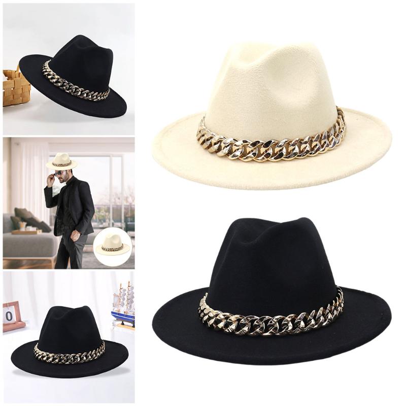

Berets Wide Brim Fedora Hat With Chain Accent Flat Top Felt Luxury For WomenBerets, Black