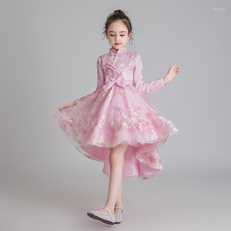 

Ethnic Clothing Pink Flower Girls Cheongsam Long Sleeve Evening Dress Embroidery Qipao Asmmetrical Party Slim Princess Chinese