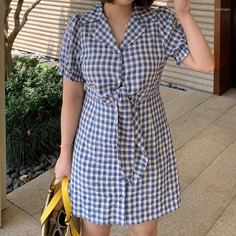 

Plus Size Dresses HOUZHOU Kawaii Plaid Dress Women Hollow Out Sexy V-neck Summer Korean Fashion Vintage Streetwear Beach Outing Echm22, Picture