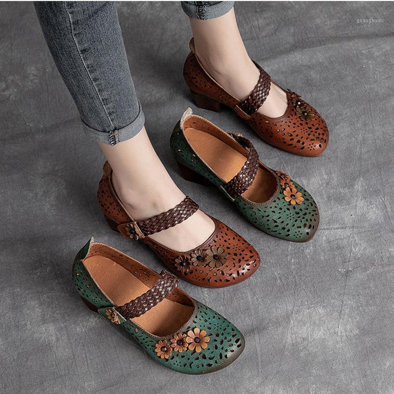 

Sandals Summer Hollow Flower High Heels Cow Leather Shoes Retro Casual Women Non-slip Wear-resistant, Brown