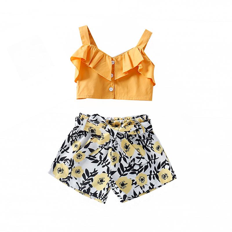 

Clothing Sets Toddler Baby Girl Clothes 2022 Summer Solid Color Ruffle Strap Crop Tops Flower Print Short Pants 2Pcs Outfits Set Suit, Ah1417 yellow
