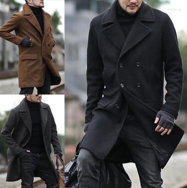 

Winter Wool Double-Breasted Mid-Length Men's Lapel Woolen Trench Coat Viol22, Black