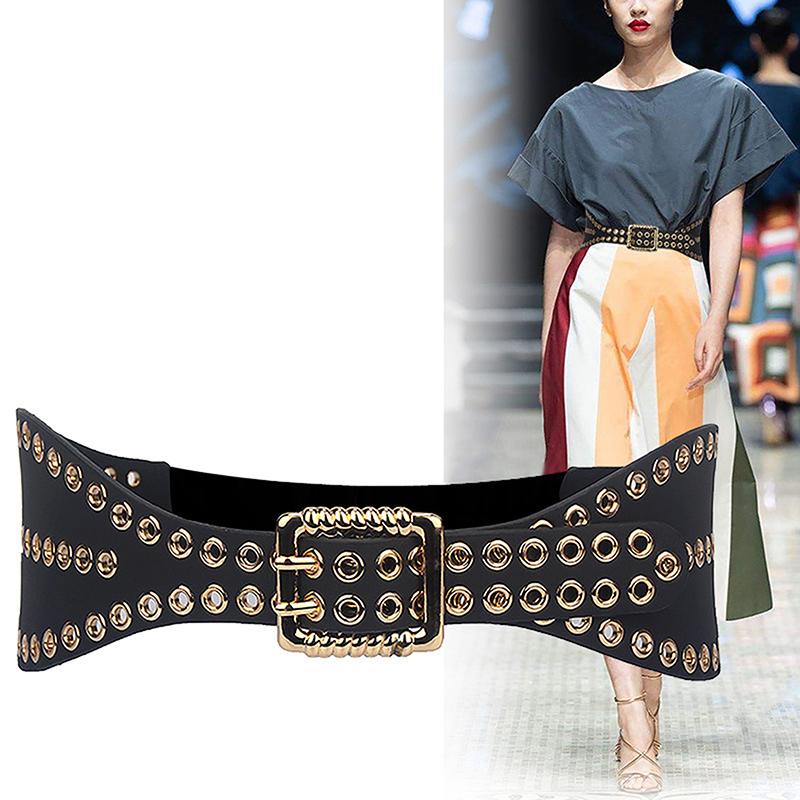 

Belts PU Leather Adjustable Fashion Double Grommet Belt Rock Motorcycle Waist Strap For Jeans Costume Punk Style Black White Silver