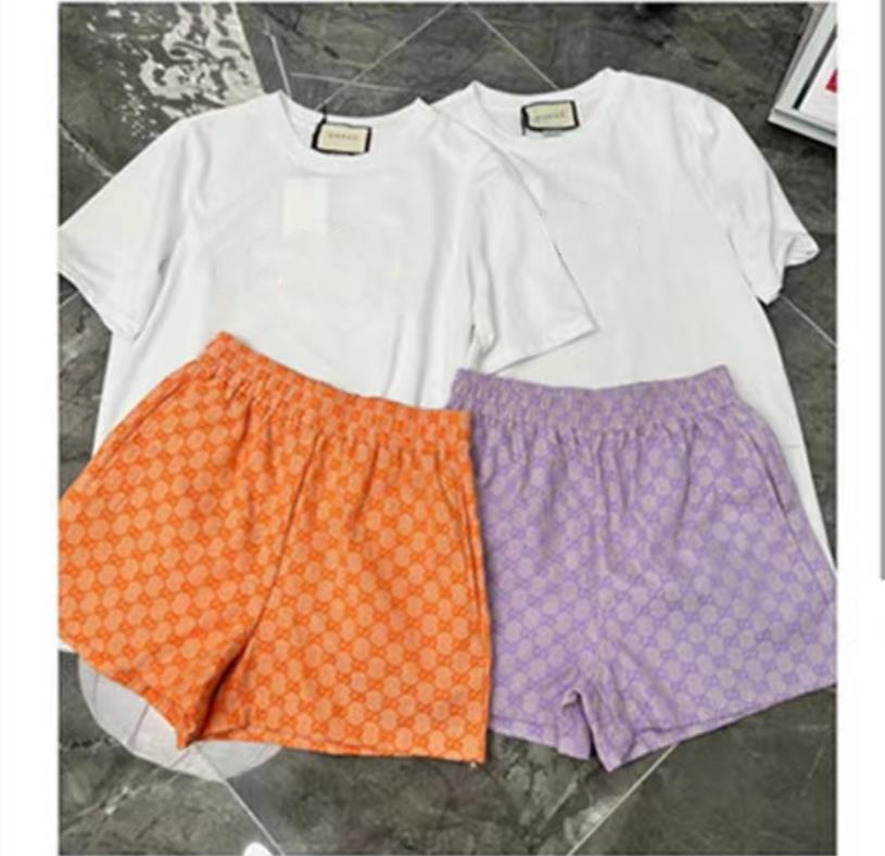 

Original letter embroidered short sleeve T-shirt jacquard letter versatile shorts two-piece set 2022 summer new fashion brand set, Orange/ breeches