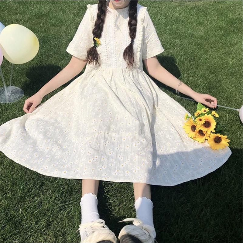 

Casual Dresses Japanese Mori Girl Summer Women Sweet Midi Dress O Neck Floral Printed Loose Short Sleeve Cute Kawaii Daisy Elegant DressCasu, As the photo
