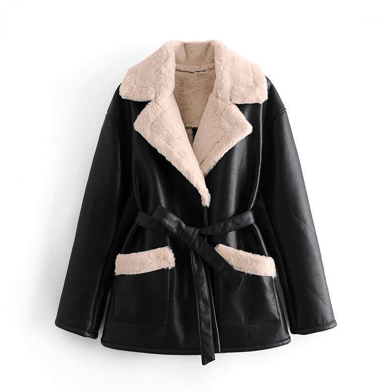 

Women' Jackets 2022 Women Black Faux Leather Jacket Autumn Winter Ladies Thick Wool Liner Sashes Streetwear Coat Female Pocket Outerwear, Black2