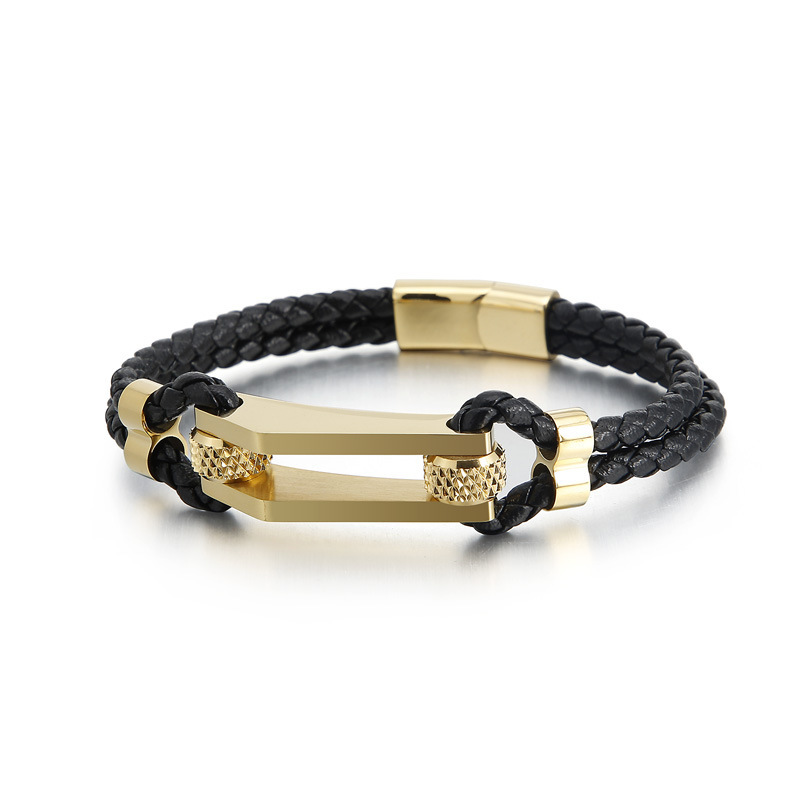 

Men's Personalized Stainless Steel Leather Bracelet Cowhide Woven Double-layer Steel Geometric Fashion