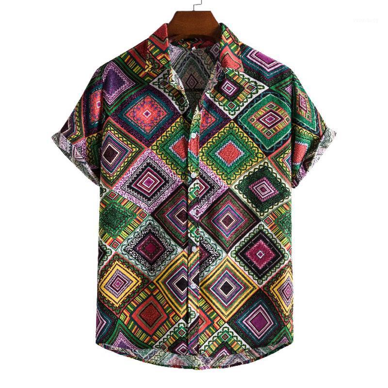 

Men's Casual Shirts Hawaiian Shirt Men Vintage Checkered Printed Short Sleeve Button Clothes High Quality Cotton Mens Summer Camicias#QQ, Beige