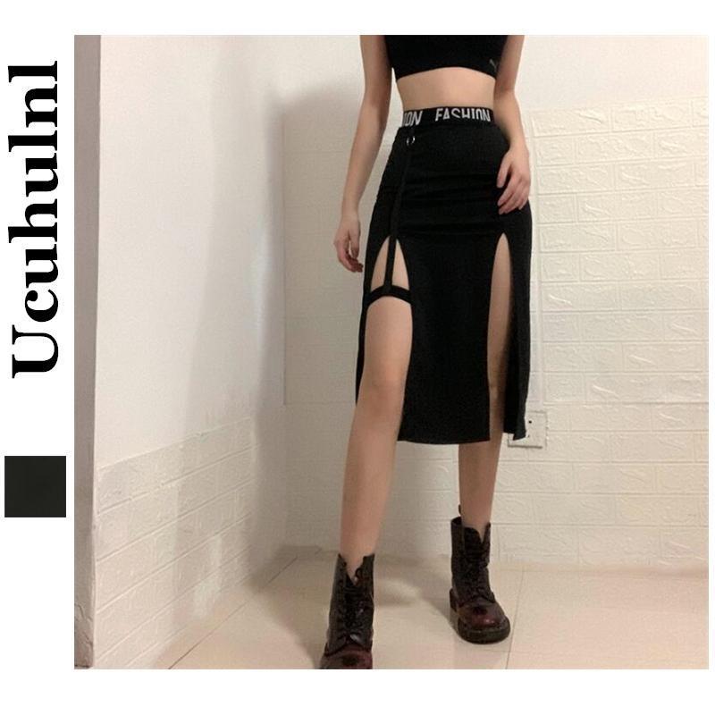 

Gothic Print High Waist Skirt Female Patchwork Letter Split Sexy Skirts Elegant Long Korea Streetwear Outfits Club, Black