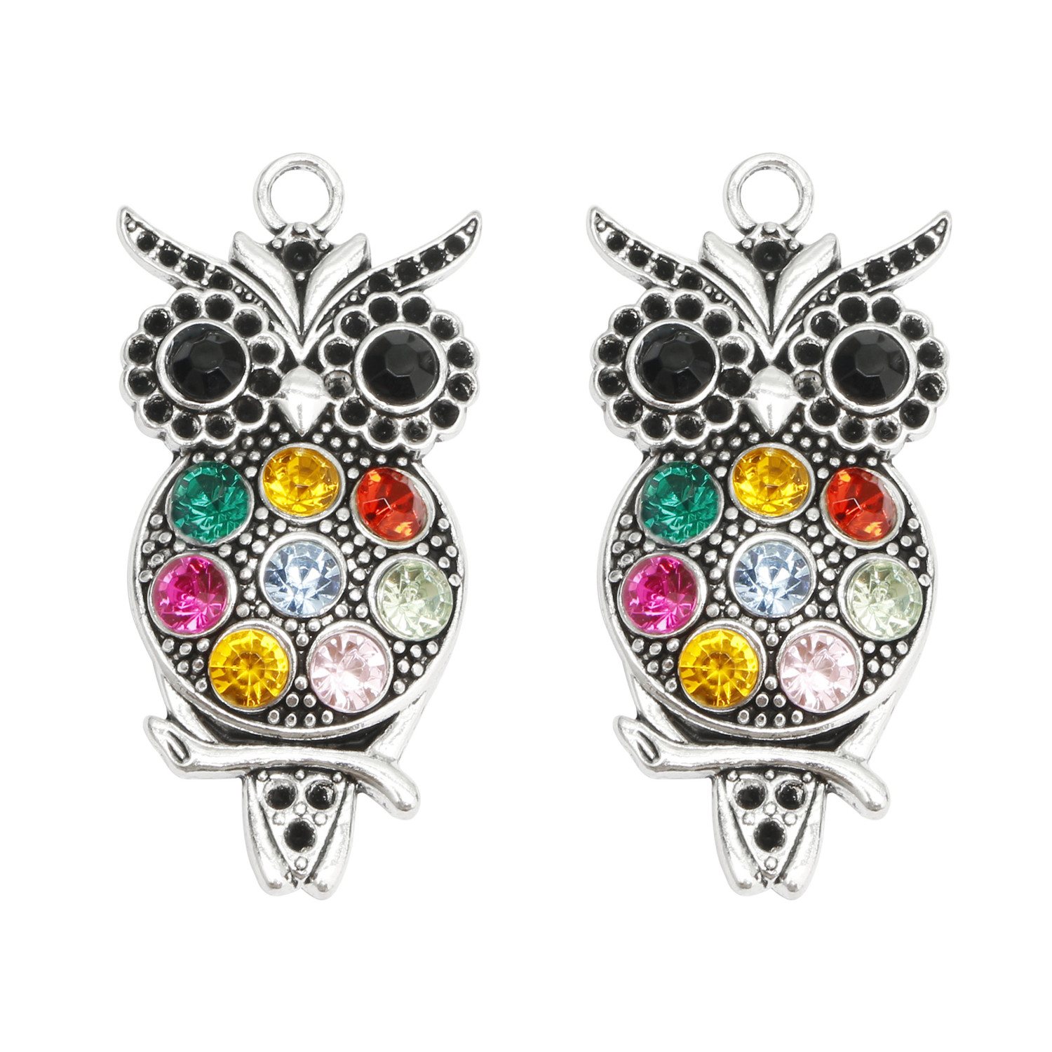 

10PCS Antique Silver Plated Colorful Crystal Owl Charm Pendants for Jewelry Accessories Making Bracelet DIY 49x23mm