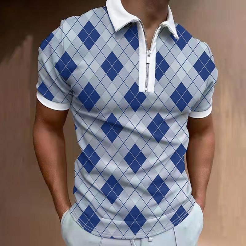 

Men's Polos Long Sleeve Tops For Men Male Casual Summer Plaid Print Blouse T Shirt Turn Down Collar Fashion Tunic Compression SleeveMen's, Blue